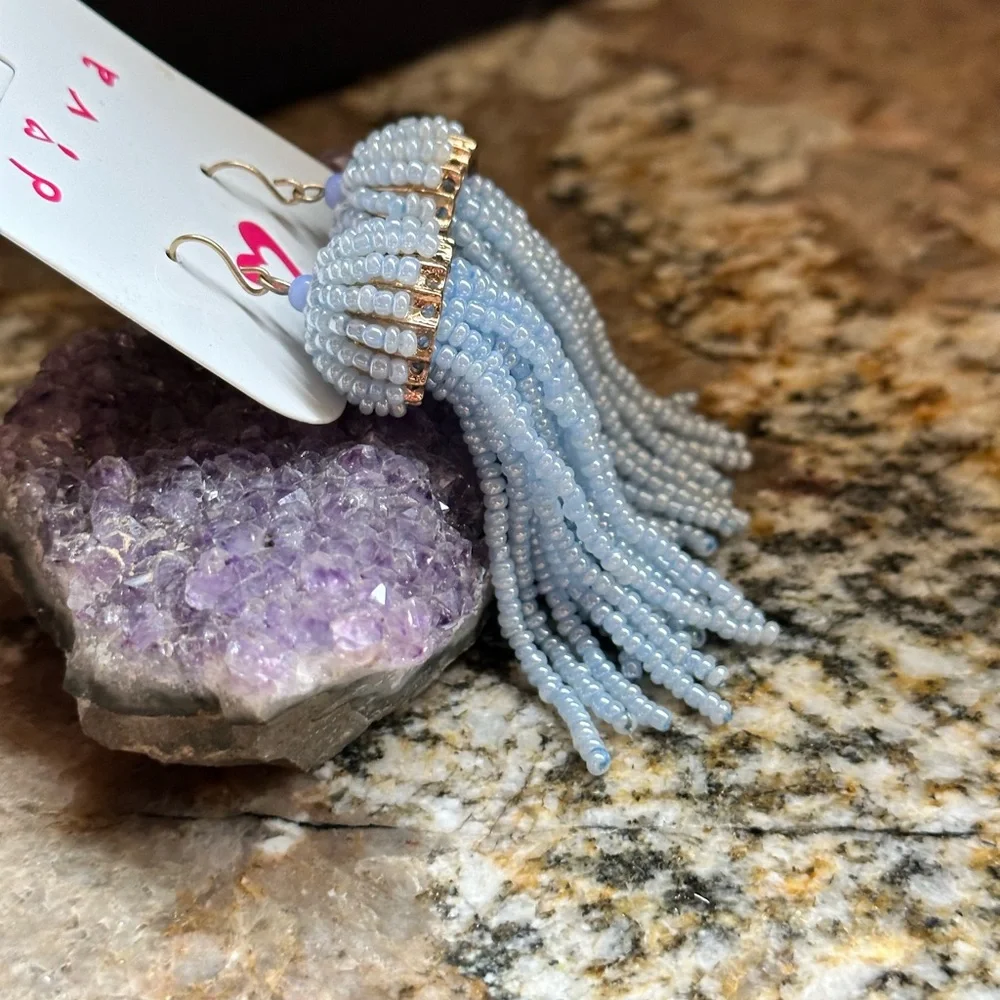 Gold Blue Bead Tassel Dangle Earrings - Picture 8 of 9